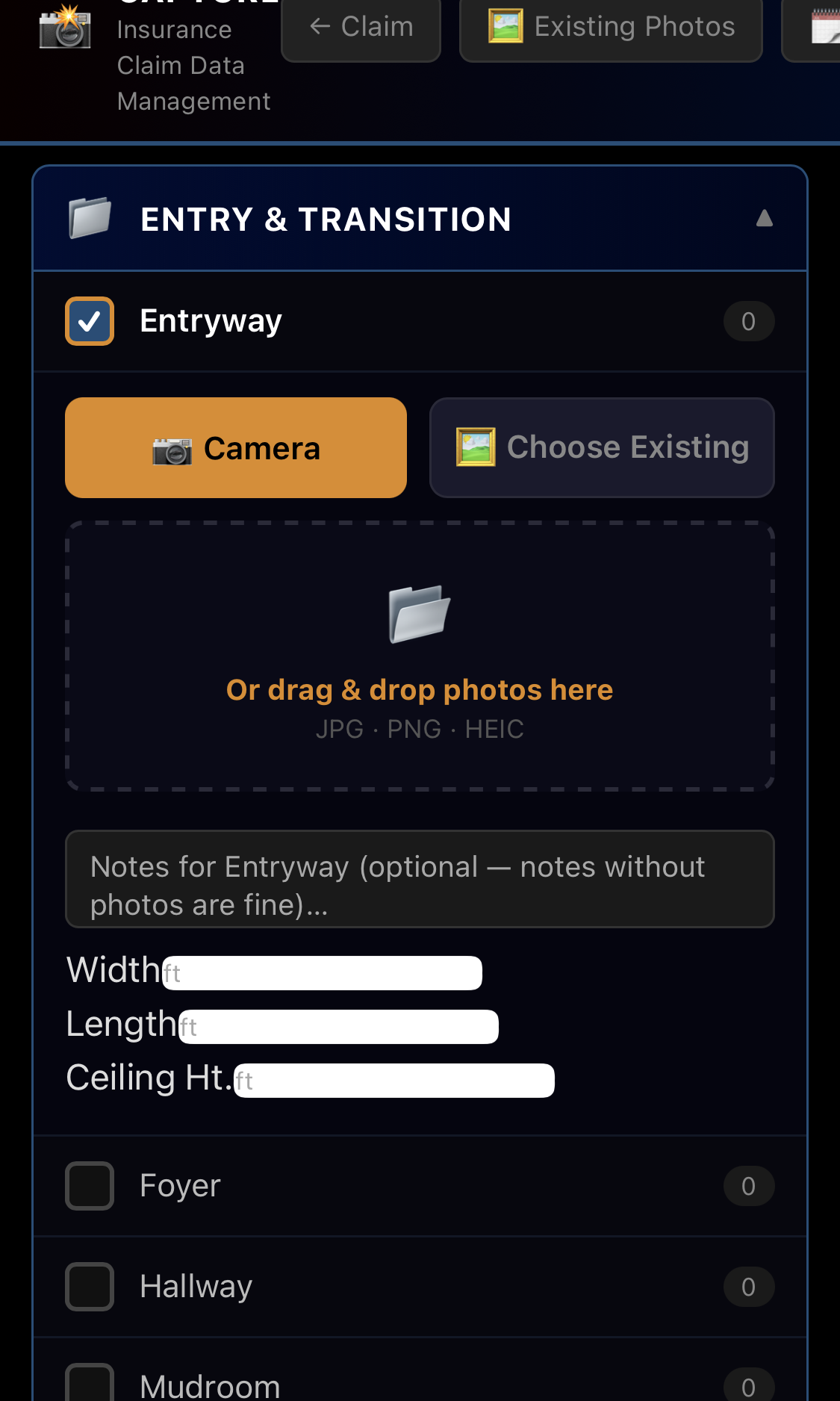Capturing photos and notes by room